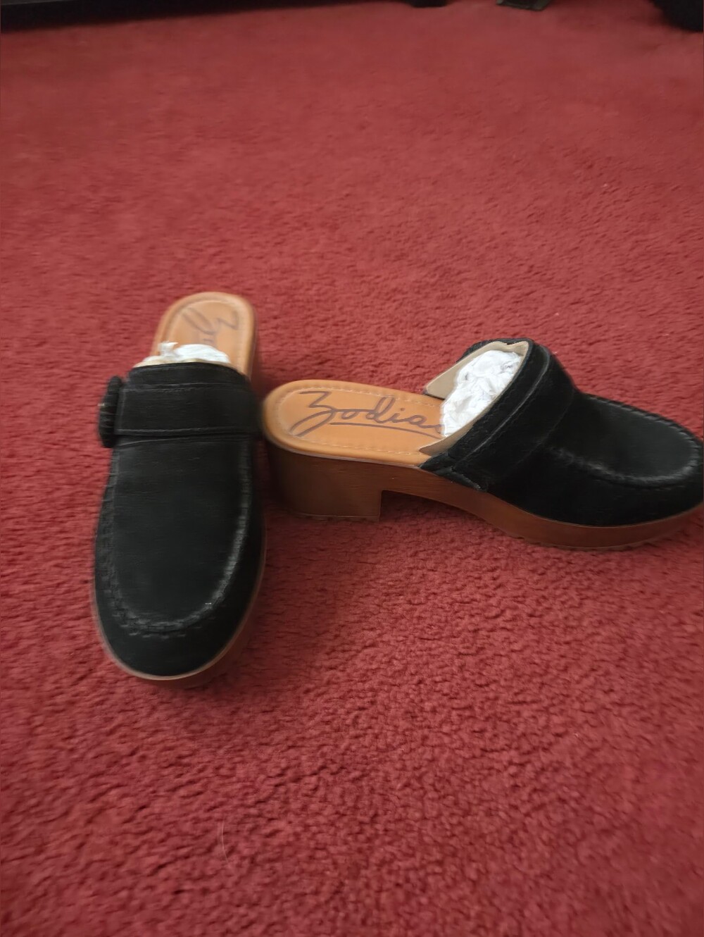 Zodiac Black Suede Slip-On Mule Clogs with Tan Stacked Heel